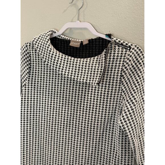 014 Chico's Houndstooth Shoulder Zipper 3/4 Sleeve Collar Pullover Sz 1 (M) Top - Picture 2 of 8